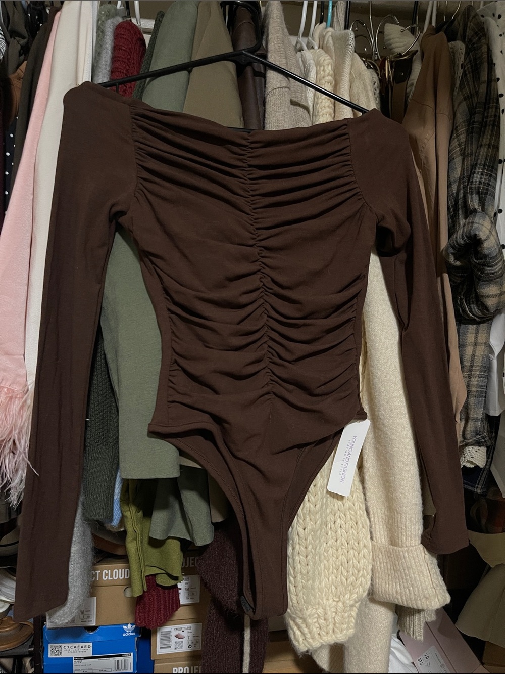 adidas Brown Ruched Long-Sleeve Bodysuit